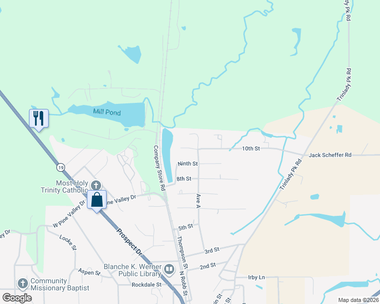 map of restaurants, bars, coffee shops, grocery stores, and more near 107 North 10th Street in Trinity