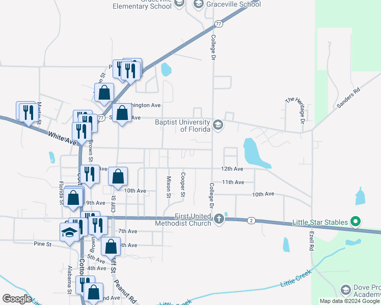 map of restaurants, bars, coffee shops, grocery stores, and more near 1072 12th Ave in Graceville
