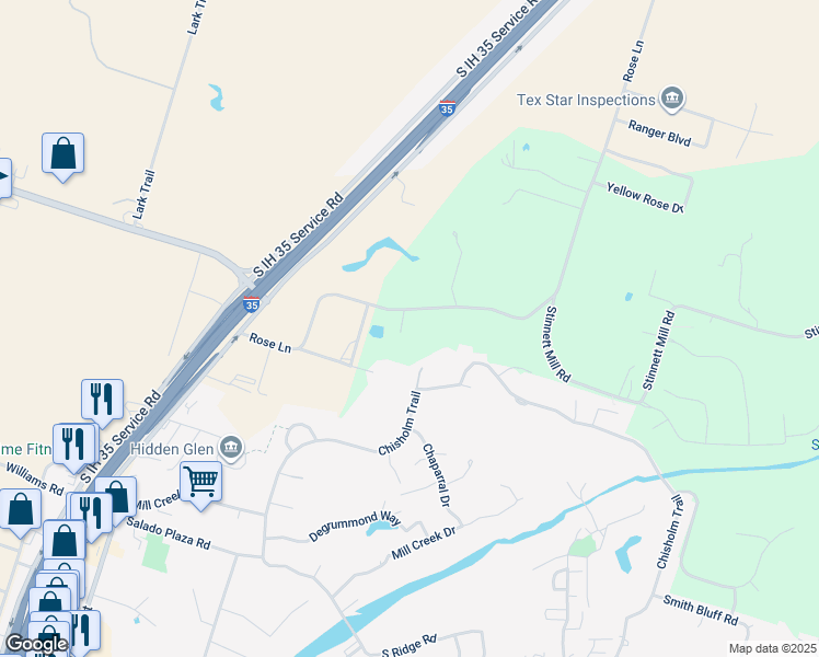 map of restaurants, bars, coffee shops, grocery stores, and more near 125 Satch Drive in Salado