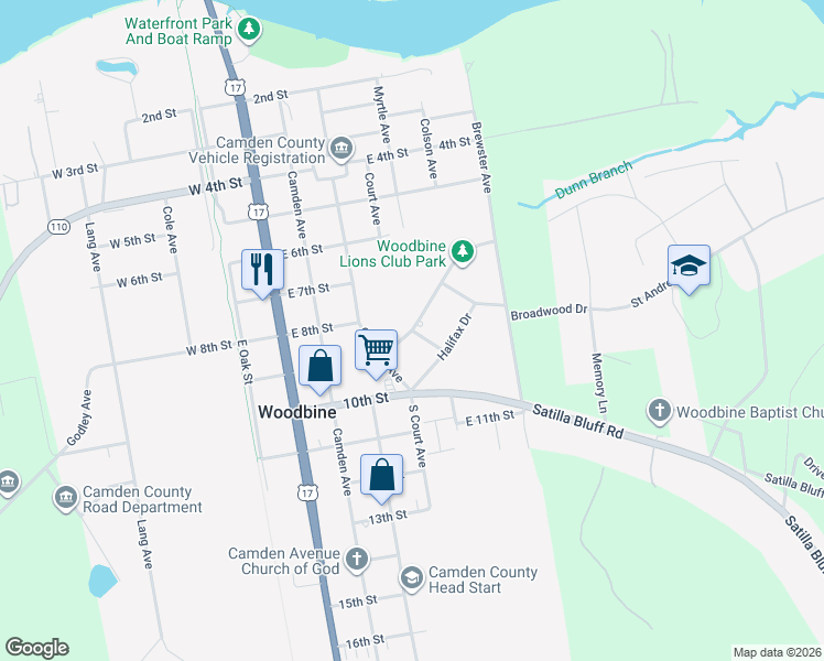 map of restaurants, bars, coffee shops, grocery stores, and more near South Drive in Woodbine