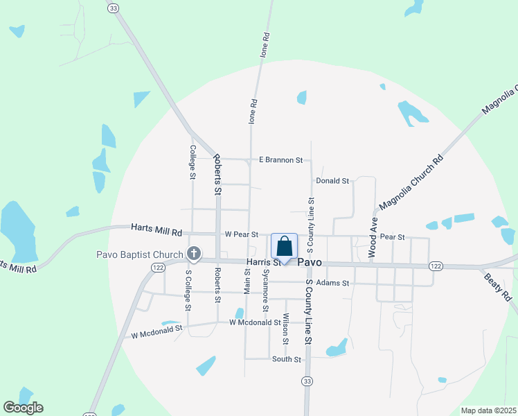 map of restaurants, bars, coffee shops, grocery stores, and more near 3044 North Main Street in Pavo