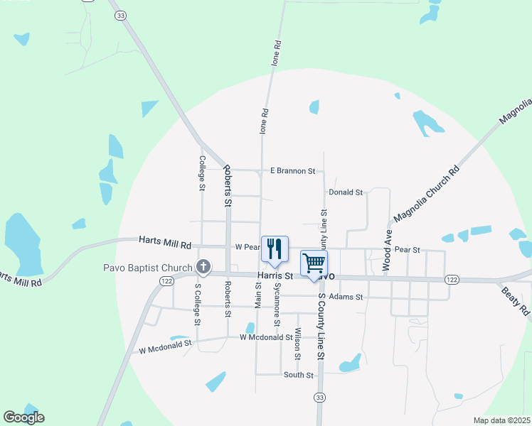 map of restaurants, bars, coffee shops, grocery stores, and more near 3044 Main Street in Pavo
