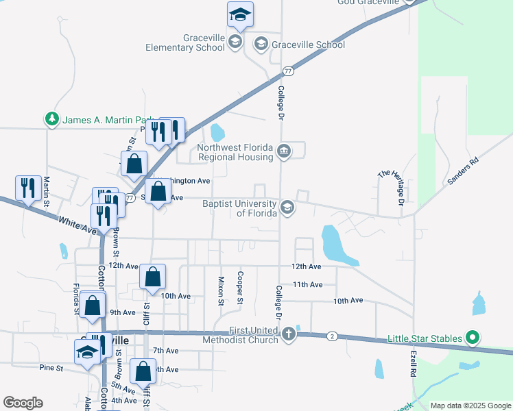 map of restaurants, bars, coffee shops, grocery stores, and more near 1082 Sanders Avenue in Graceville