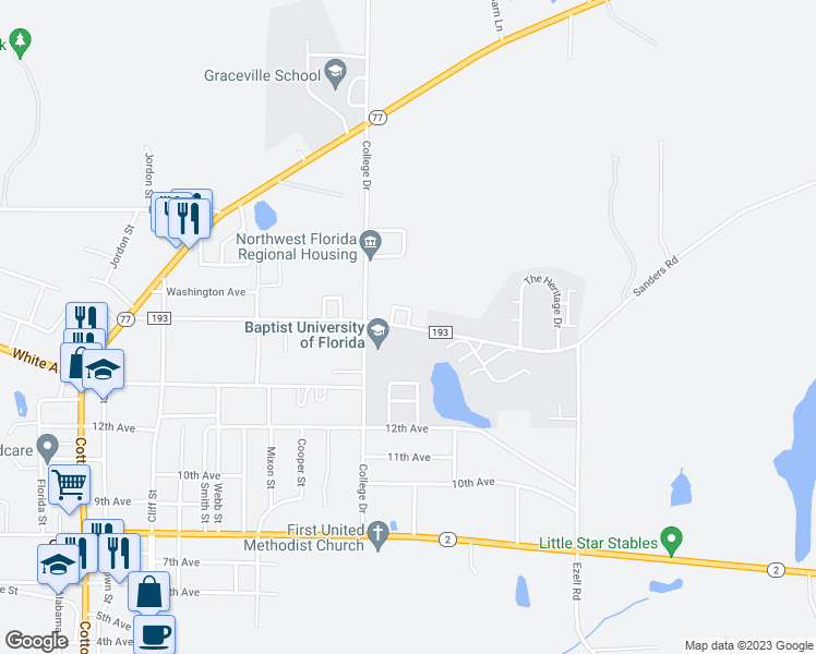 map of restaurants, bars, coffee shops, grocery stores, and more near 1176 Sanders Avenue in Graceville