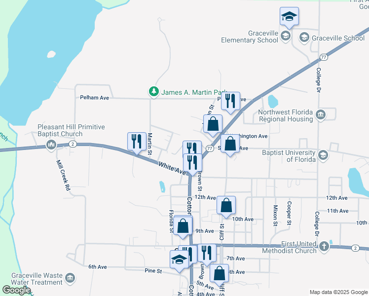 map of restaurants, bars, coffee shops, grocery stores, and more near 5445 Brown Street in Graceville