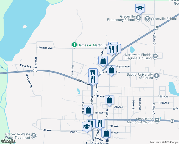 map of restaurants, bars, coffee shops, grocery stores, and more near 1411 Brown Street in Graceville