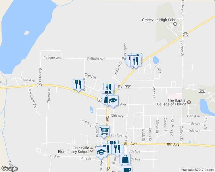 map of restaurants, bars, coffee shops, grocery stores, and more near 1411 Brown Street in Graceville