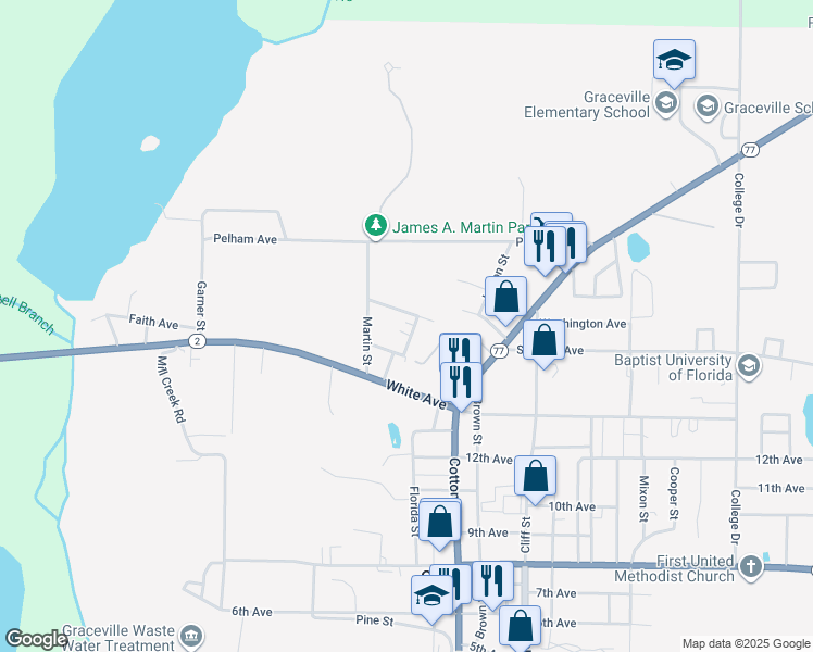map of restaurants, bars, coffee shops, grocery stores, and more near 5462 Creel Street in Graceville