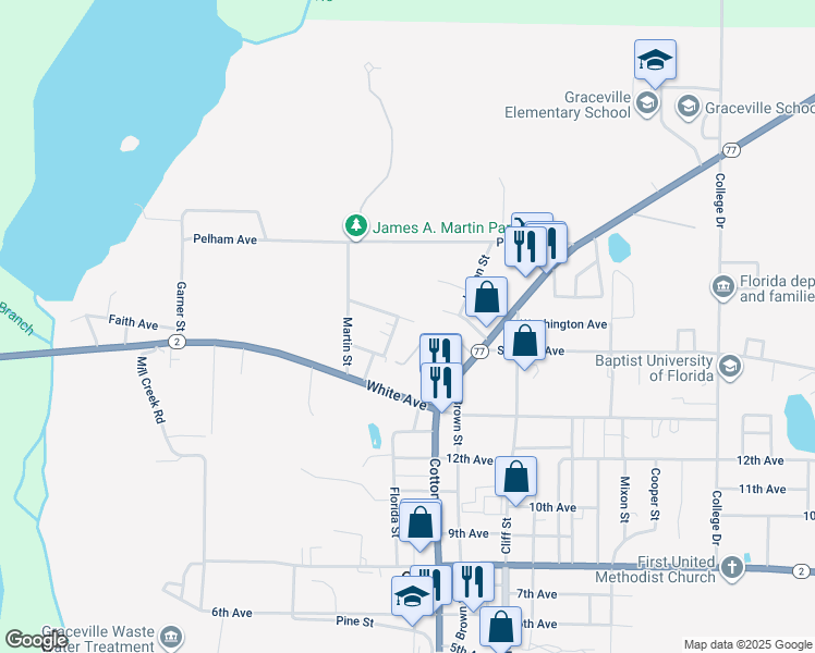 map of restaurants, bars, coffee shops, grocery stores, and more near 5462 Creel Street in Graceville