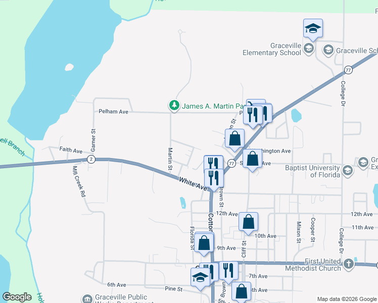 map of restaurants, bars, coffee shops, grocery stores, and more near 5457 Creel Street in Graceville