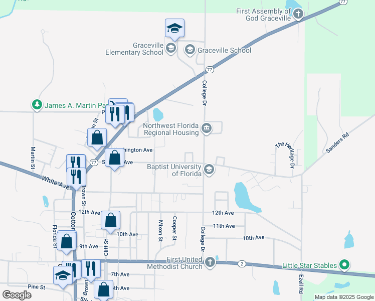 map of restaurants, bars, coffee shops, grocery stores, and more near 5473 College Drive in Graceville