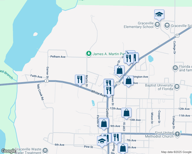 map of restaurants, bars, coffee shops, grocery stores, and more near 5462 Creel Street in Graceville