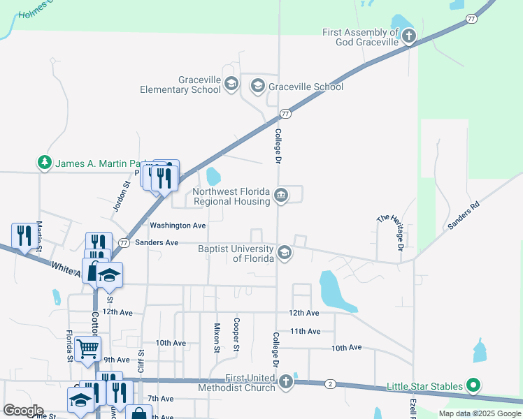 map of restaurants, bars, coffee shops, grocery stores, and more near 5473 College Drive in Graceville