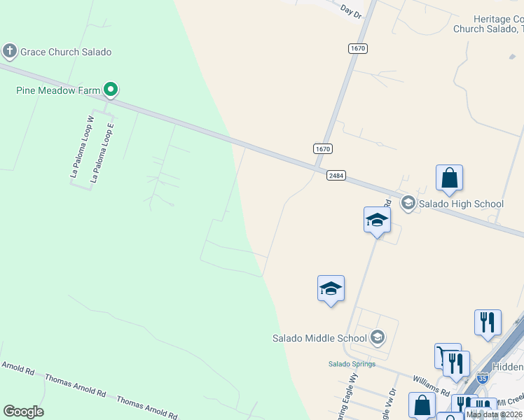 map of restaurants, bars, coffee shops, grocery stores, and more near 11307 Salado Heights Drive in Salado