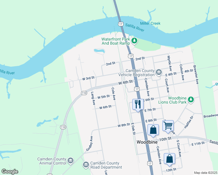 map of restaurants, bars, coffee shops, grocery stores, and more near 300 W 4th St in Woodbine
