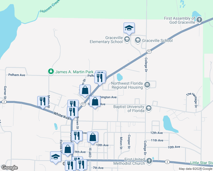map of restaurants, bars, coffee shops, grocery stores, and more near 5494 Brown Street in Graceville