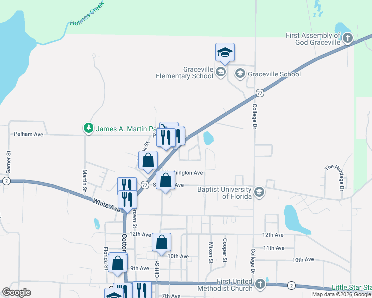 map of restaurants, bars, coffee shops, grocery stores, and more near 5494 Brown Street in Graceville
