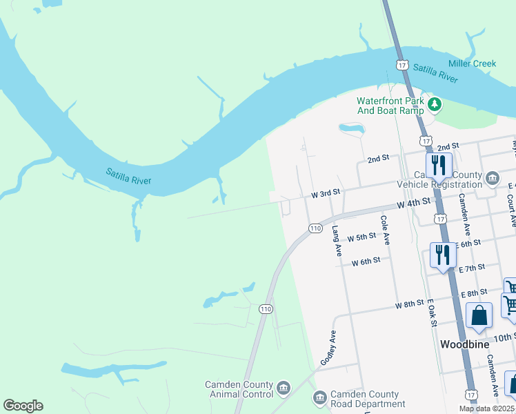 map of restaurants, bars, coffee shops, grocery stores, and more near 806 3rd Street in Woodbine