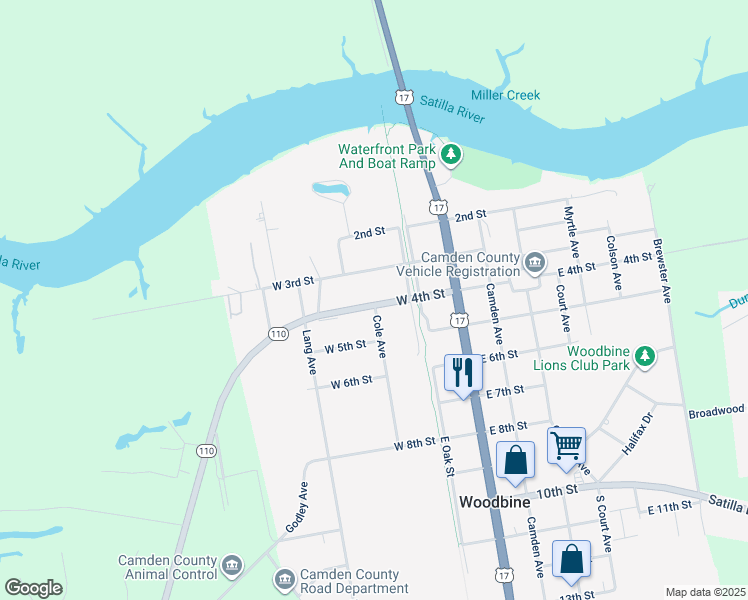 map of restaurants, bars, coffee shops, grocery stores, and more near 300 West 4th Street in Woodbine