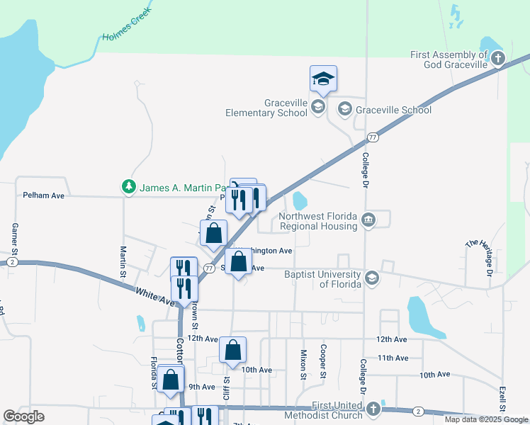 map of restaurants, bars, coffee shops, grocery stores, and more near 5494 Brown Street in Graceville