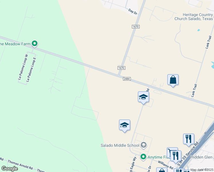 map of restaurants, bars, coffee shops, grocery stores, and more near 4105 Farm to Market Road 2484 in Salado