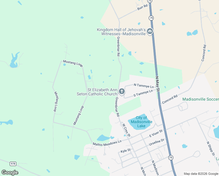 map of restaurants, bars, coffee shops, grocery stores, and more near 1313 Greenbriar Road in Madisonville
