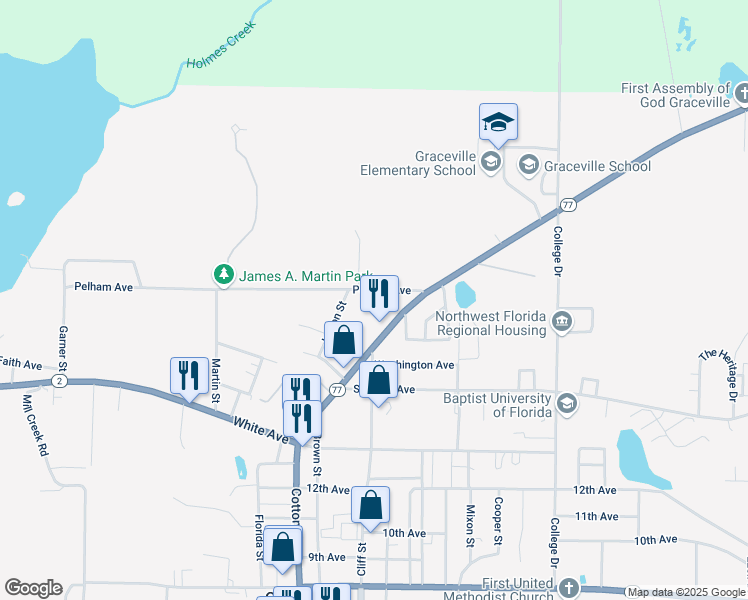 map of restaurants, bars, coffee shops, grocery stores, and more near 1001 Pelham Avenue in Graceville