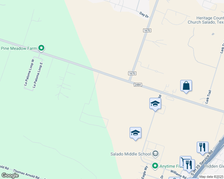 map of restaurants, bars, coffee shops, grocery stores, and more near 4105 Farm to Market Road 2484 in Salado
