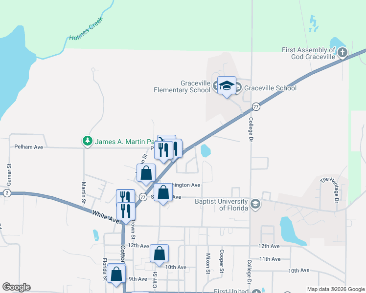 map of restaurants, bars, coffee shops, grocery stores, and more near 5507 Brown Street in Graceville