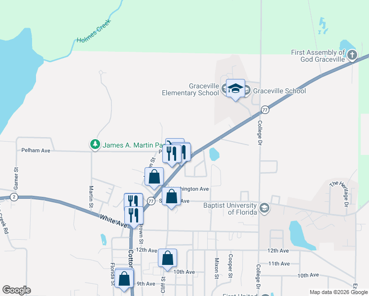 map of restaurants, bars, coffee shops, grocery stores, and more near 5507 Brown Street in Graceville