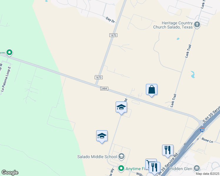 map of restaurants, bars, coffee shops, grocery stores, and more near 3796 Farm to Market Road 2484 in Salado