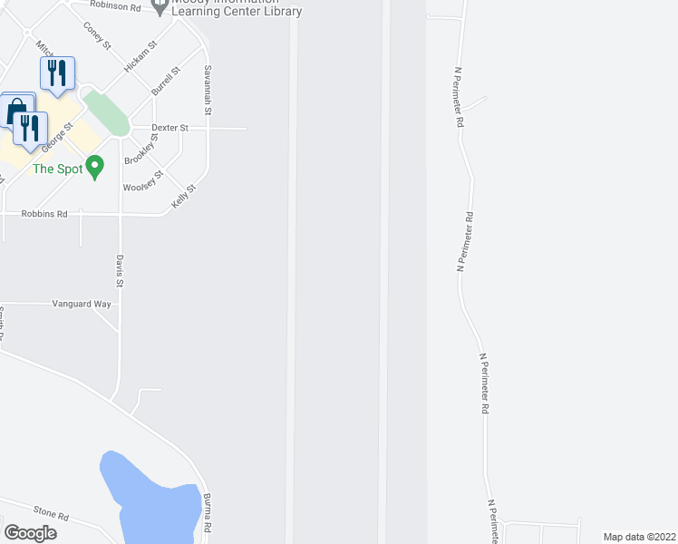 map of restaurants, bars, coffee shops, grocery stores, and more near North Perimeter Road in Moody Air Force Base