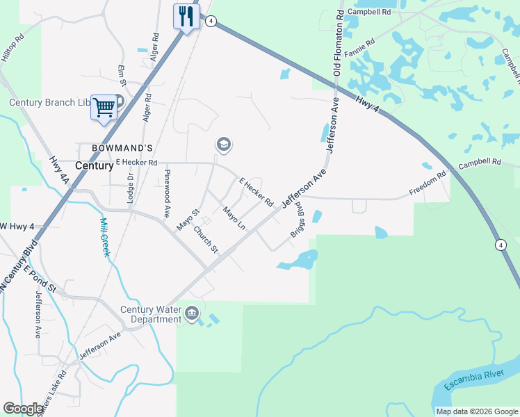 map of restaurants, bars, coffee shops, grocery stores, and more near 7700 Baptist Church Road in Century