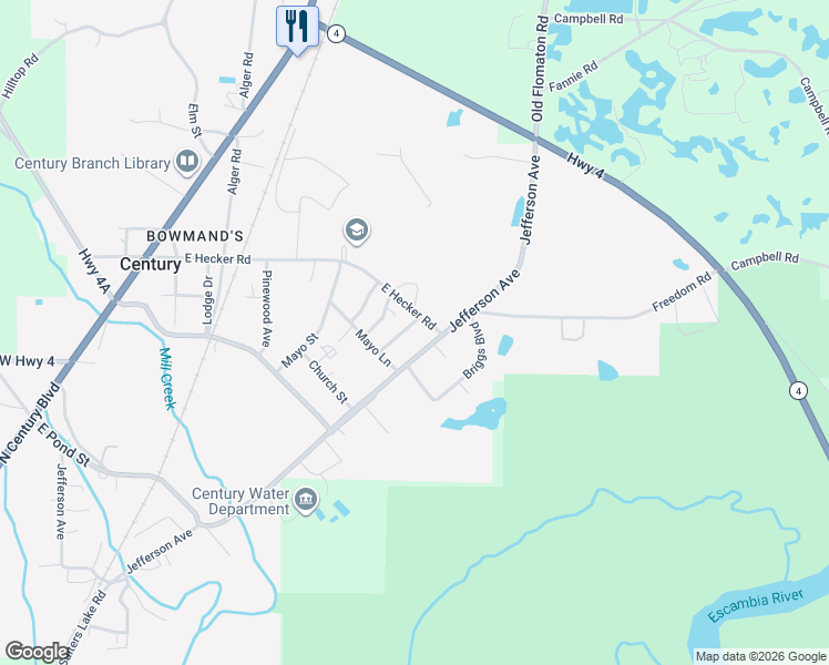 map of restaurants, bars, coffee shops, grocery stores, and more near 7700 Baptist Church Road in Century