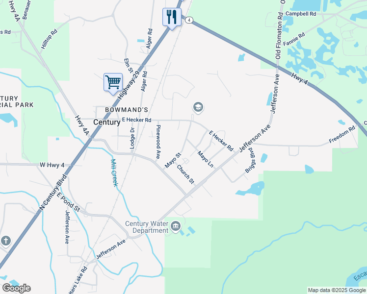map of restaurants, bars, coffee shops, grocery stores, and more near Mayo Street in Century