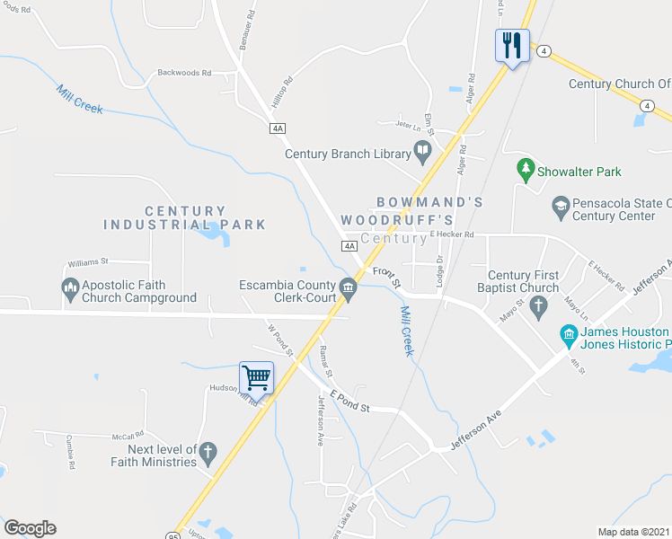 map of restaurants, bars, coffee shops, grocery stores, and more near 7505 North Century Boulevard in Century