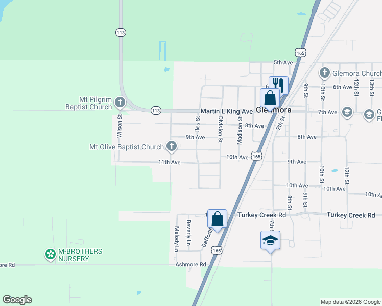 map of restaurants, bars, coffee shops, grocery stores, and more near 542 10th Avenue in Glenmora
