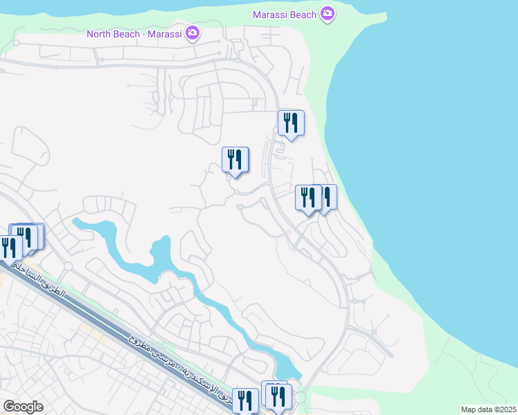 map of restaurants, bars, coffee shops, grocery stores, and more near Kilo 129 Alexandria - Marsa Matrouh Road in El Alamein