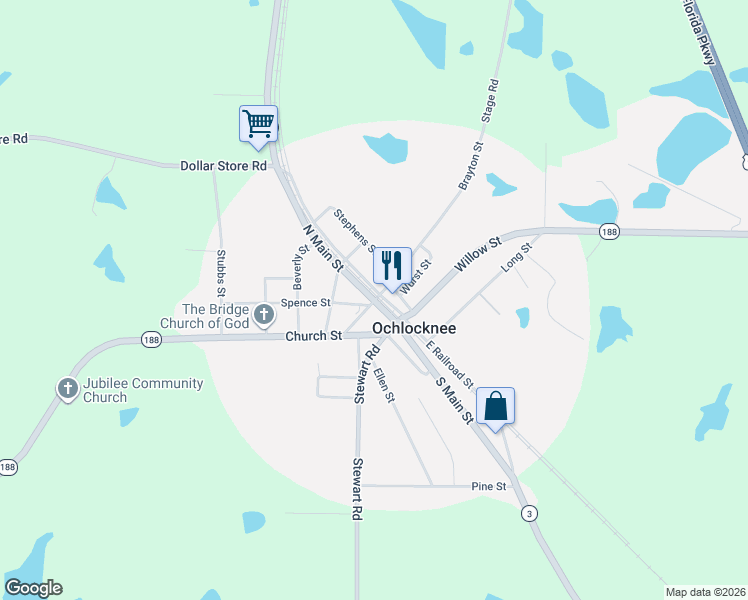 map of restaurants, bars, coffee shops, grocery stores, and more near N Main St in Ochlocknee