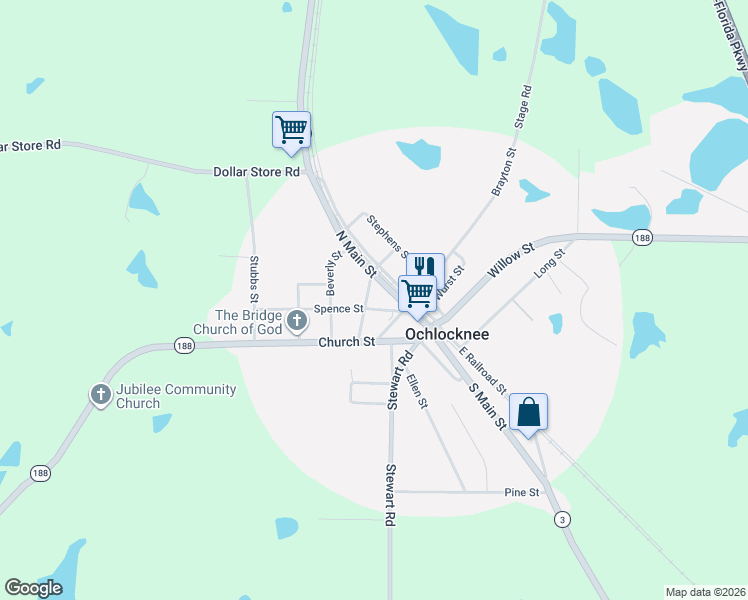map of restaurants, bars, coffee shops, grocery stores, and more near North Main Street in Ochlocknee