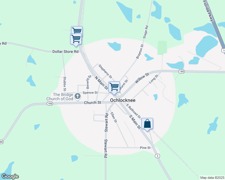 map of restaurants, bars, coffee shops, grocery stores, and more near E Railroad St & Brayton St in Ochlocknee