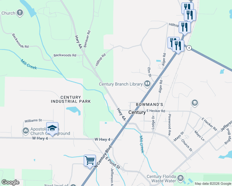 map of restaurants, bars, coffee shops, grocery stores, and more near 100 East Hecker Road in Century