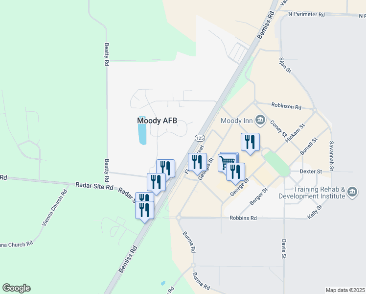 map of restaurants, bars, coffee shops, grocery stores, and more near 1424-1432 Gemini Circle in Valdosta