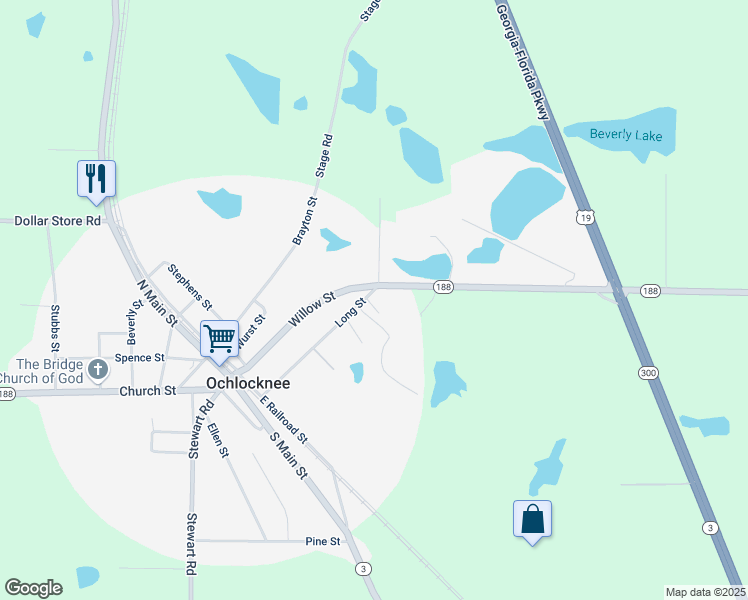 map of restaurants, bars, coffee shops, grocery stores, and more near 5086 Long Street in Ochlocknee