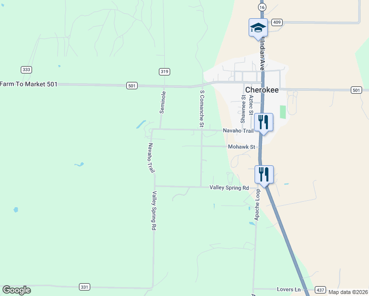 map of restaurants, bars, coffee shops, grocery stores, and more near 801 Mohawk Street in Cherokee