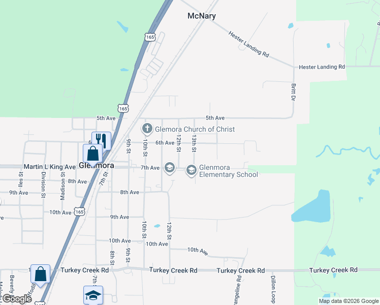 map of restaurants, bars, coffee shops, grocery stores, and more near 614 13th St in Glenmora