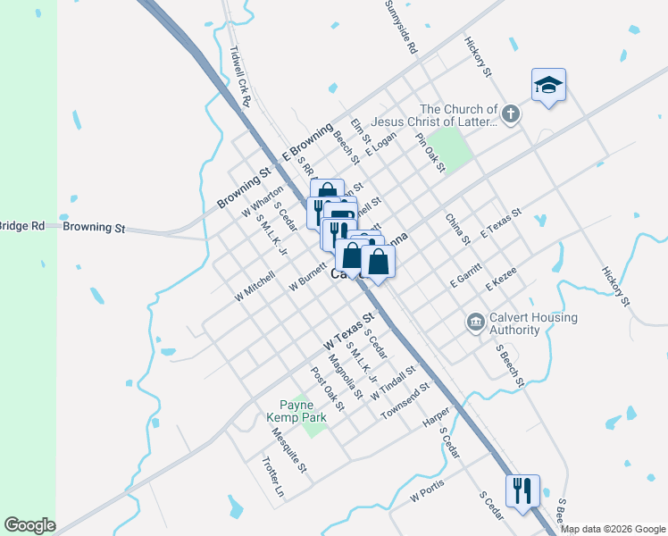 map of restaurants, bars, coffee shops, grocery stores, and more near 602 Cedar Street in Calvert