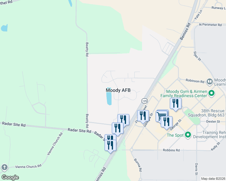 map of restaurants, bars, coffee shops, grocery stores, and more near 1412 Gemini Circle in Valdosta