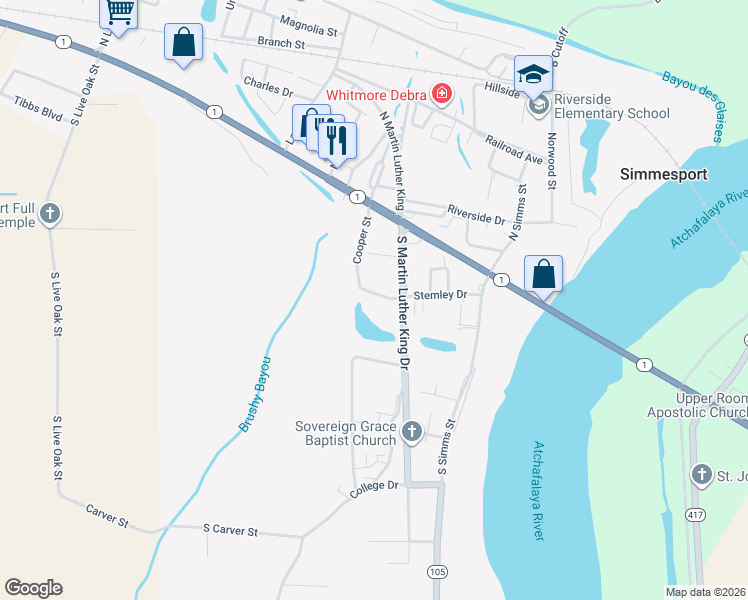 map of restaurants, bars, coffee shops, grocery stores, and more near 16343 Louisiana 1 in Simmesport