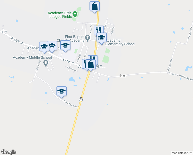 map of restaurants, bars, coffee shops, grocery stores, and more near 106 South Peach Street in Little River-Academy